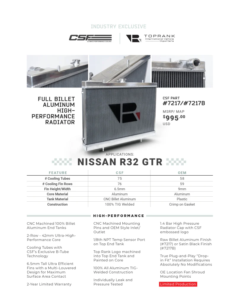 CSF R32 Nissan Skyline GT-R / GT-S Full Billet Aluminum High-Performance Radiator - Raw Finish - Image 9