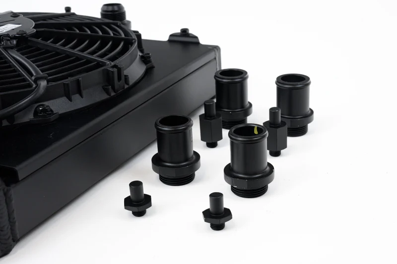 CSF Universal Half Radiator w/-16AN & Slip-On Fittings/12in SPAL Fan & Shroud - Black Finish - Image 2