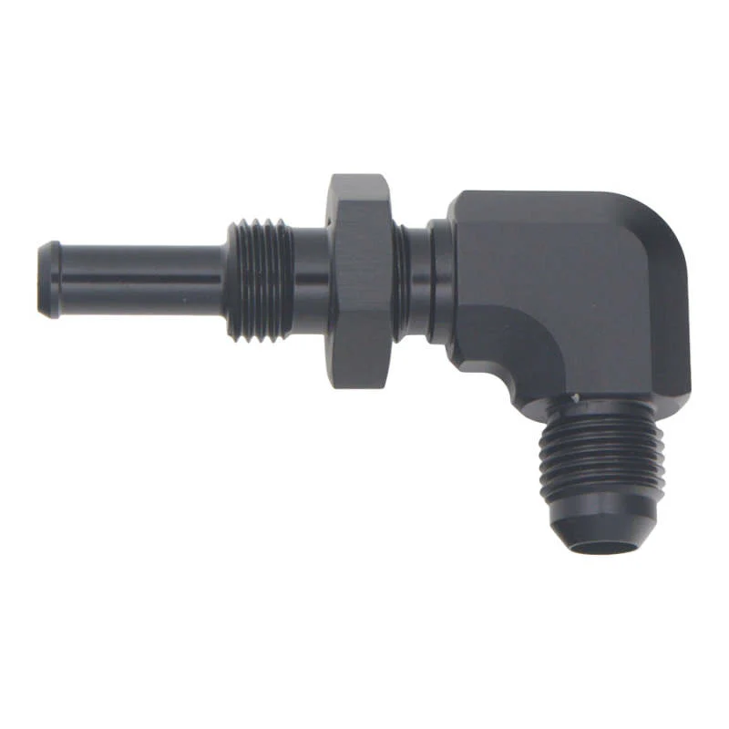 DeatschWerks 6AN Male Flare to 5/16in Male Barb Bulkhead Adapter 90-Degree - Anodized Matte Black - Image 2