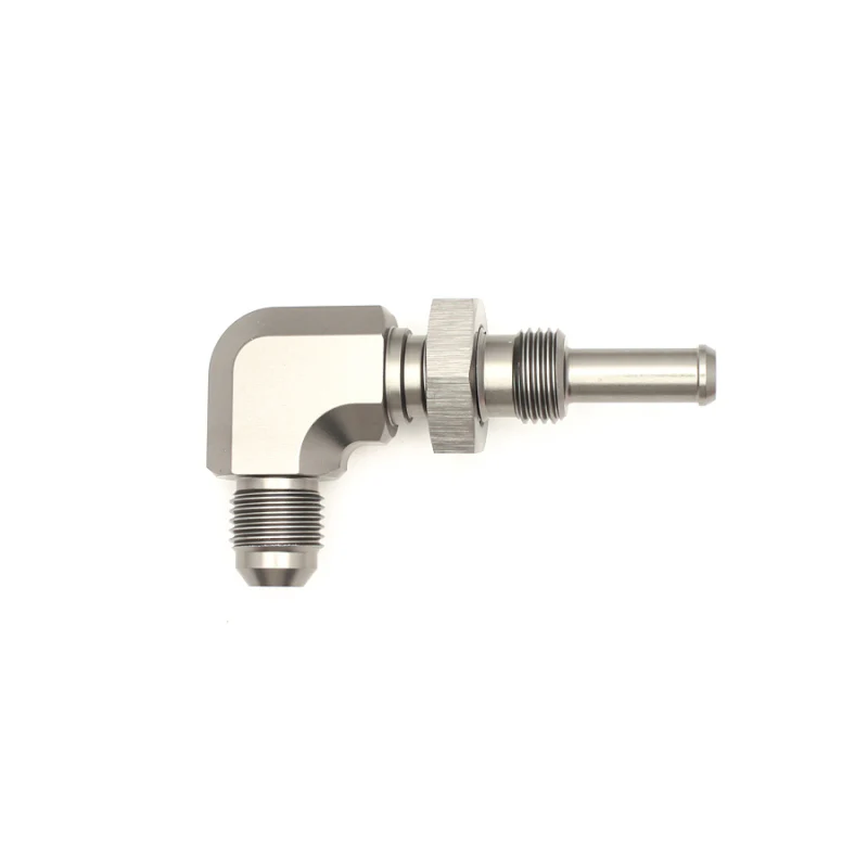 DeatschWerks 6AN Male Flare To 5/16in. Male Barb Bulkhead Adapter 90-Degree (Incl. Nut) - Image 2