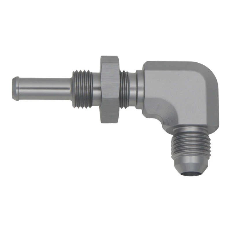 DeatschWerks 6AN Male Flare To 5/16in. Male Barb Bulkhead Adapter 90-Degree (Incl. Nut) - Image 3