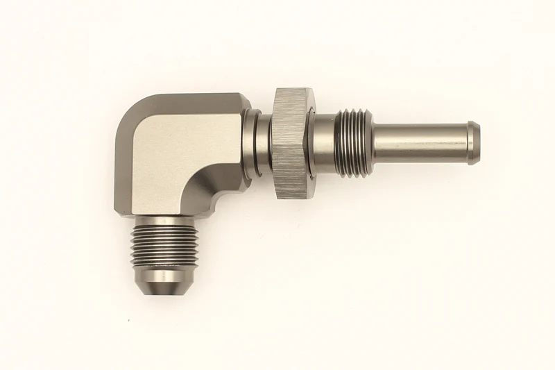 DeatschWerks 6AN Male Flare To 5/16in. Male Barb Bulkhead Adapter 90-Degree (Incl. Nut) - Image 4