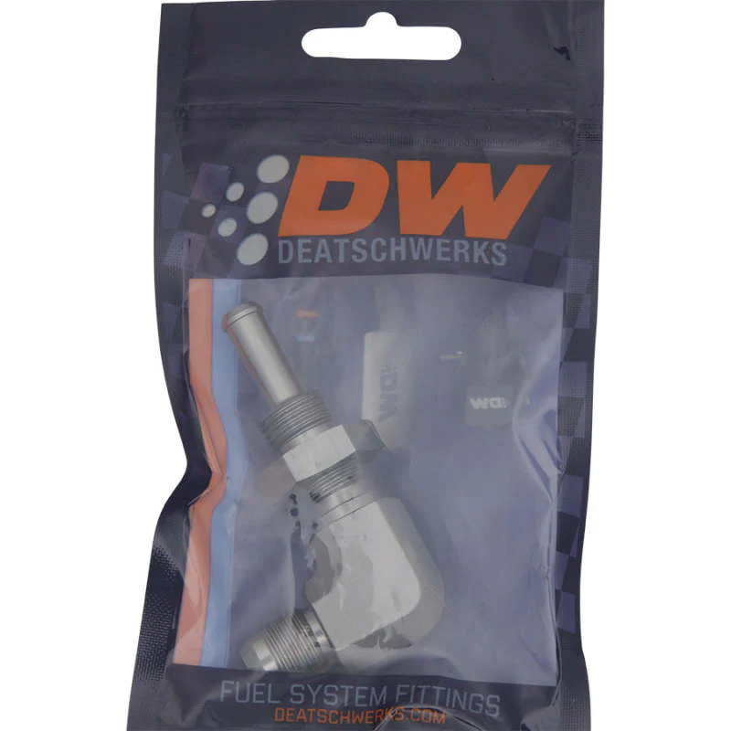 DeatschWerks 6AN Male Flare To 5/16in. Male Barb Bulkhead Adapter 90-Degree (Incl. Nut) - Image 5