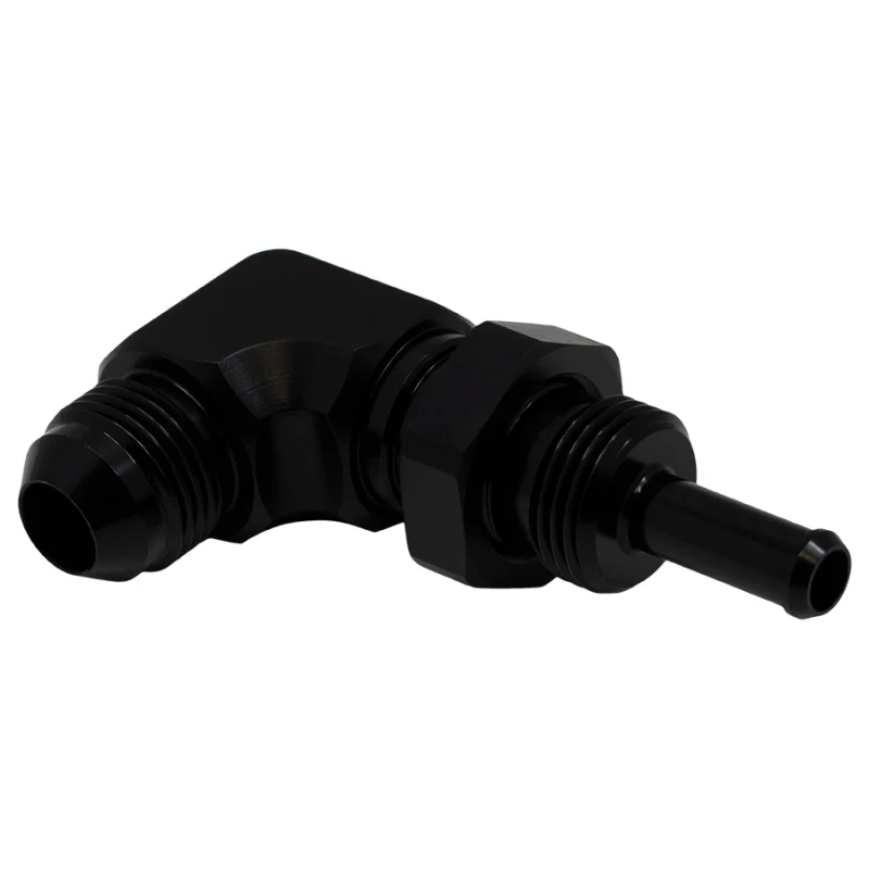 DeatschWerks 8AN Male Flare to 5/16in Male Barb Bulkhead Adapter 90-Degree - Anodized Matte Black - Image 2