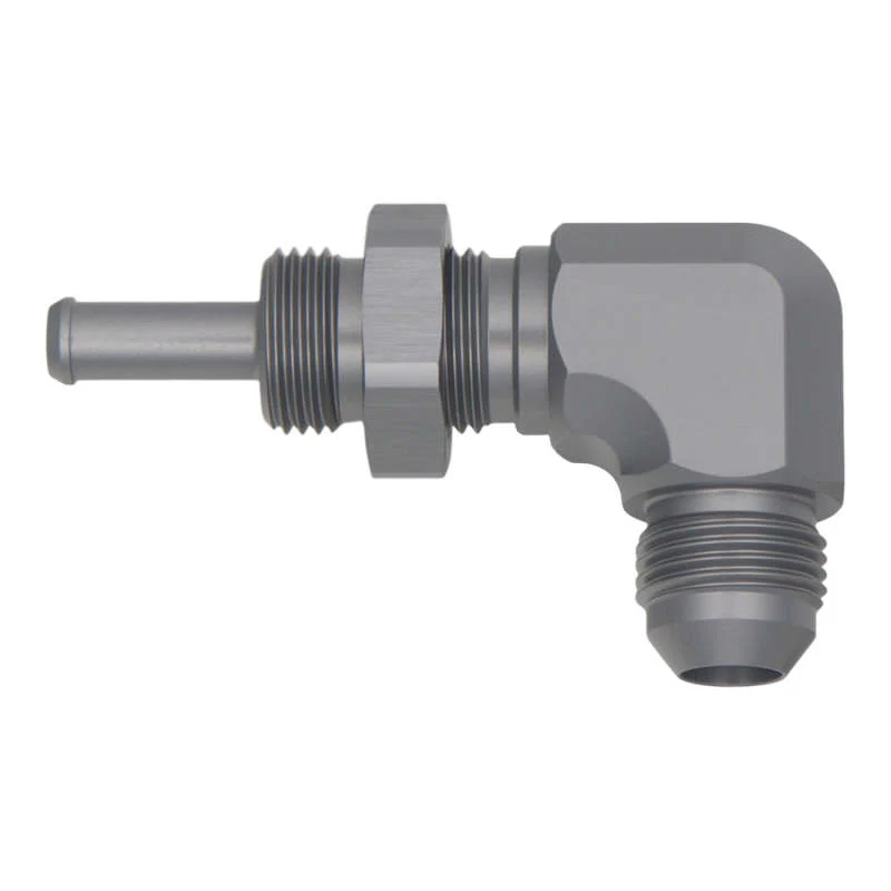 DeatschWerks 8AN Male Flare To 5/16in. Male Barb Bulkhead Adapter 90-Degree (Incl. Nut) - Image 2