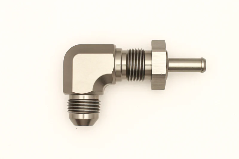 DeatschWerks 8AN Male Flare To 5/16in. Male Barb Bulkhead Adapter 90-Degree (Incl. Nut) - Image 4