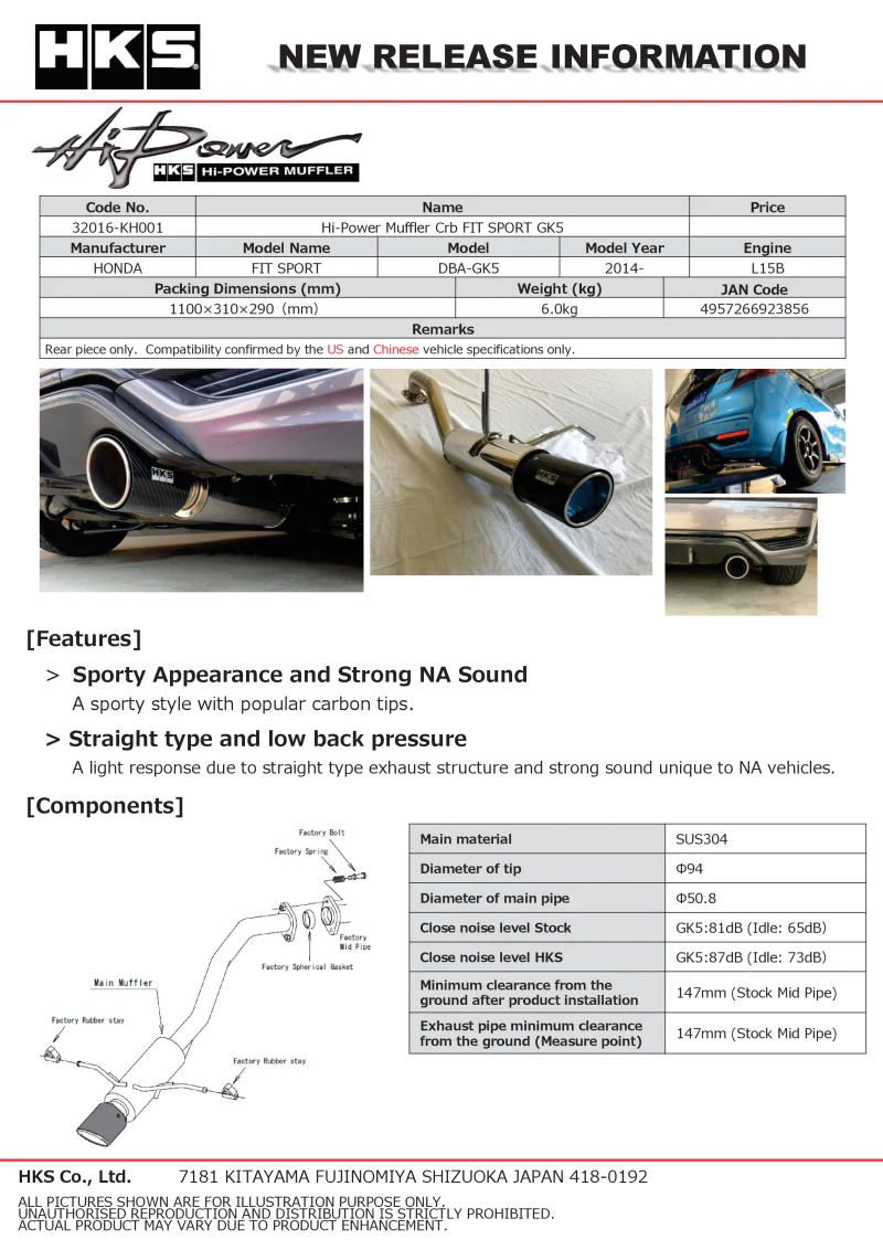 HKS Hi-Power Muffler 2014+ Honda Fit Sport GK5 w/ Carbon Tips - Image 3