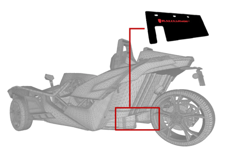 Rally Armor 15-24 Polaris Slingshot Rear Swingarm Black UR Mud Flap w/Orange Logo (MOQ 200 PCS) - Image 3